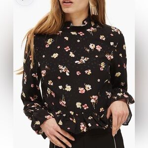 Excellent Preowned Topshop Black Floral Print Peplum Blouse size US 6 (fits 2-4)